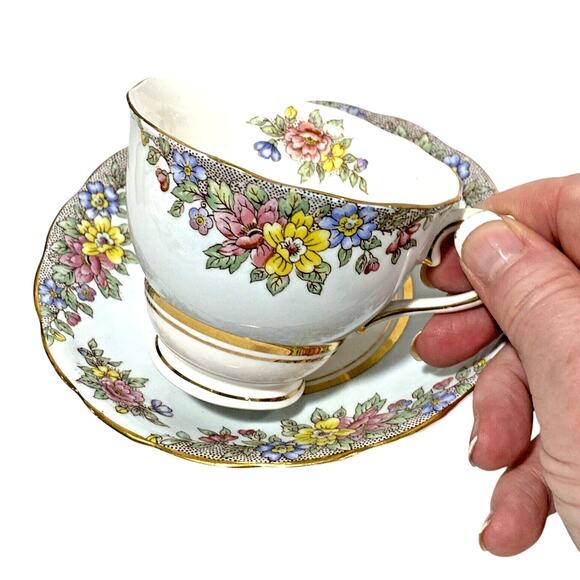 Colclough England Bone China Footed Tea Cup & Saucer Set Pale Blue & Floral - Picture 2 of 9